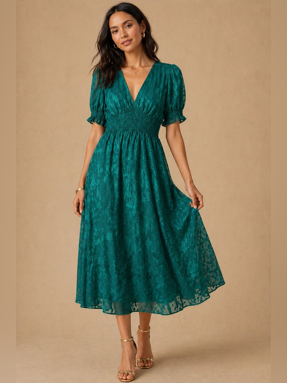Hutch Emerald Green Midi Dress Smocked Waist Puff Sleeve Sheer Overlay Size 4